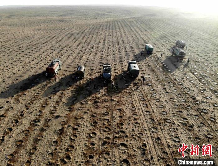 圖為沙漠中的治沙隊伍。　馬愛彬 攝