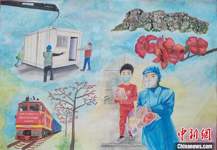 吳愛蓮畫作《木棉花下的抗疫英雄》?！≌褂[組委會供圖