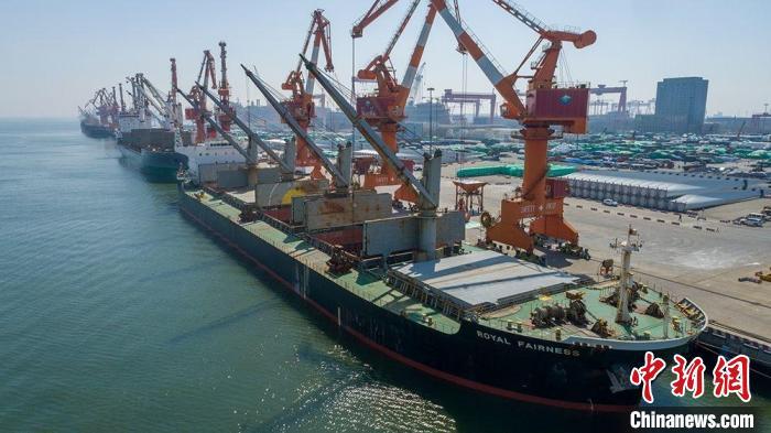 資料圖：天津港接卸5年來鉀肥進(jìn)口單船最大載重量貨輪?！√旖蚋奂瘓F(tuán)供圖