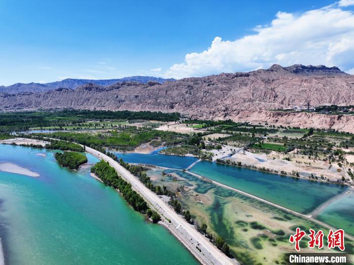 航拍貴德縣黃河岸畔綠意盎然?！●R銘言 攝