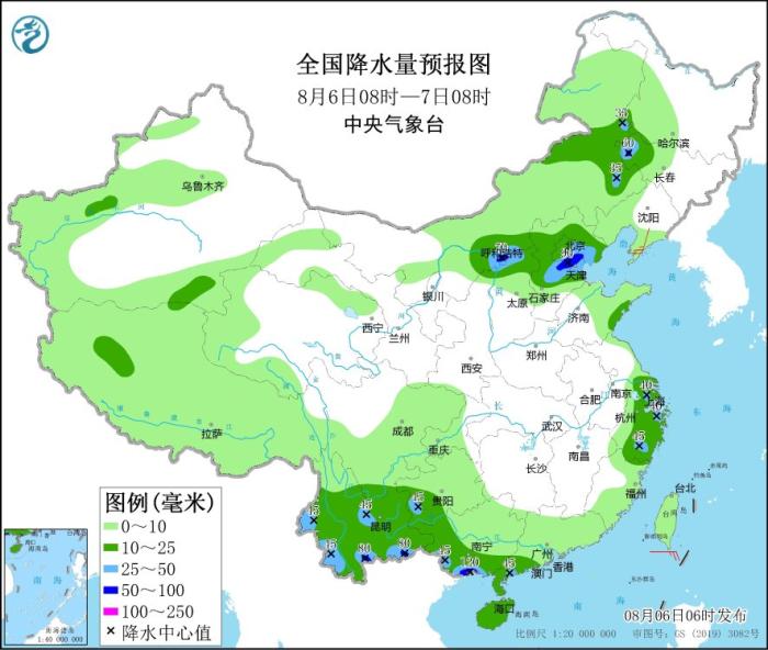 全國(guó)降水量預(yù)報(bào)圖(8月6日08時(shí)-7日08時(shí)) 全國(guó)降水量預(yù)報(bào)圖(8月6日08時(shí)-7日08時(shí))