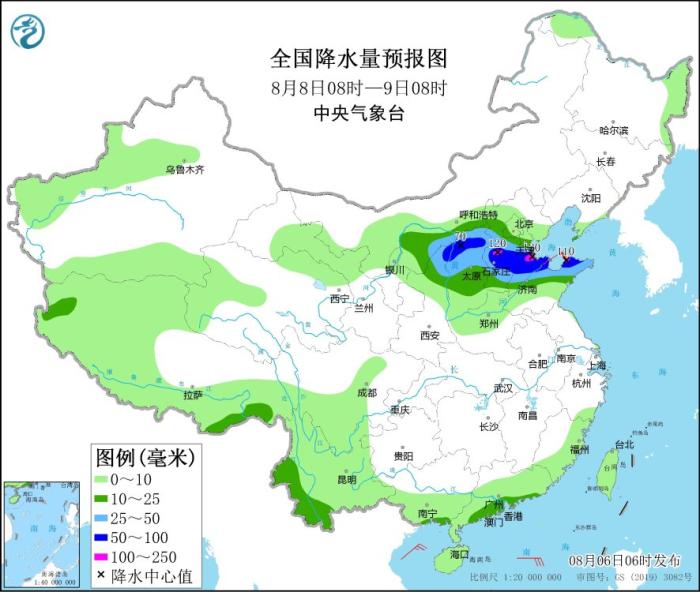 全國(guó)降水量預(yù)報(bào)圖(8月8日08時(shí)-9日08時(shí)) 全國(guó)降水量預(yù)報(bào)圖(8月8日08時(shí)-9日08時(shí))
