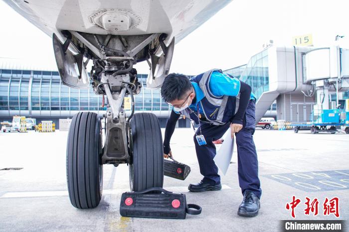 圖為航線維護(hù)工程師擺放輪擋?！￡惞谘?攝