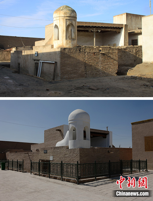 圖為修復(fù)前后的哈?！つ吕聨?kù)什別吉清真寺。許言 供圖