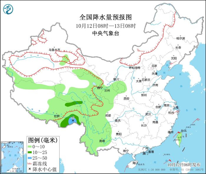 全國(guó)降水量預(yù)報(bào)圖(10月12日08時(shí)-13日08時(shí))