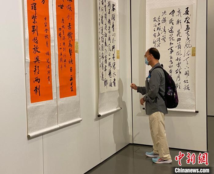 入場(chǎng)人士觀賞書法作品?！∥喝A都 攝