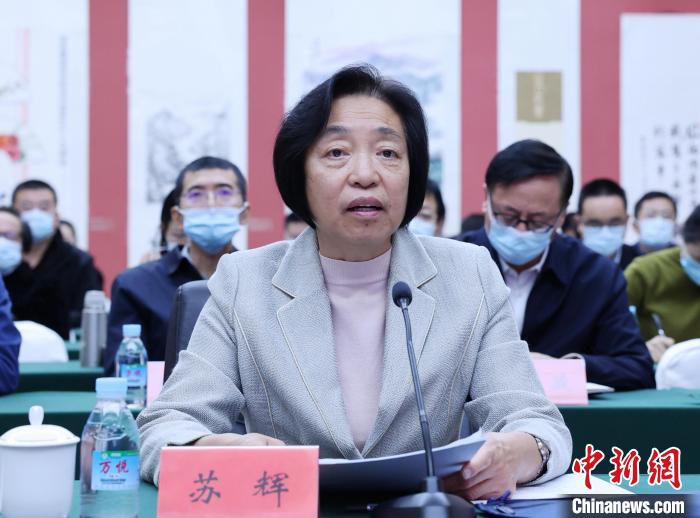 圖為全國政協(xié)副主席、臺盟中央主席蘇輝出席會議并發(fā)言?！∨_盟中央供圖