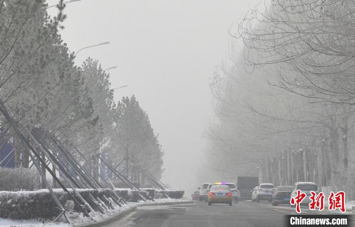車(chē)輛在霧中緩慢行駛。　高龍安 攝