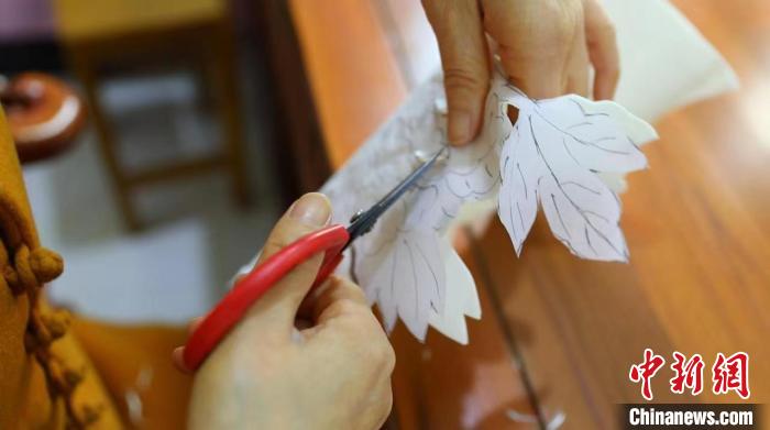 常鳳靈先用白色熟宣紙對(duì)照牡丹圖案裁剪成型，然后拼貼，再以工筆技法上色。　巨野縣融媒體中心供圖