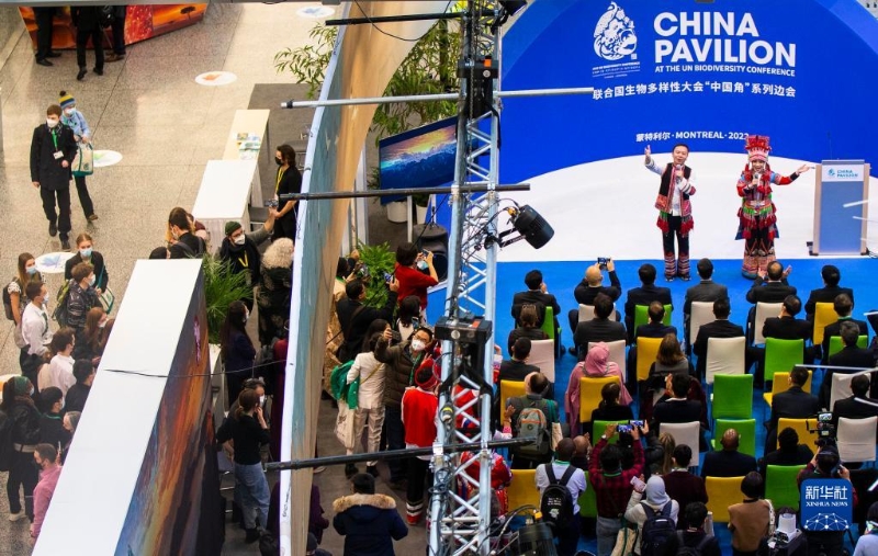 12月15日，在加拿大蒙特利爾《生物多樣性公約》第十五次締約方大會（COP15）第二階段會議的中國角云南日活動上，與會者欣賞彝族歌手李懷秀（右上）、李懷福的表演。（圖源：新華社）