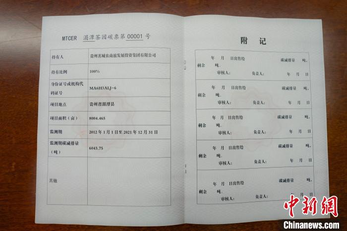 圖為茶園碳票。 湄潭縣融媒體中心供圖