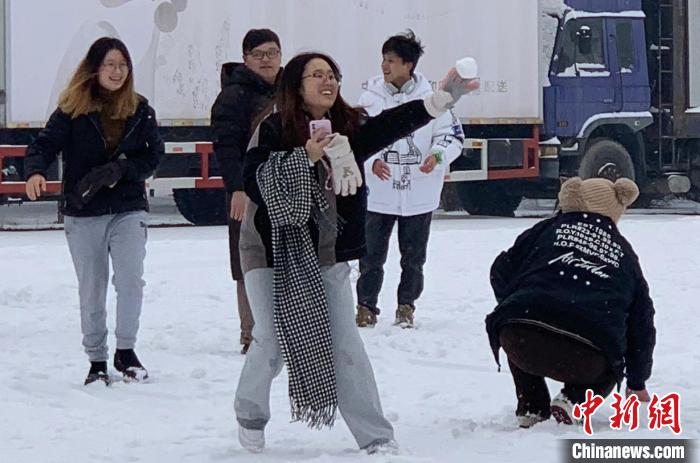 圖為臺胞青年與內蒙古青年在打雪仗?！W藍 攝