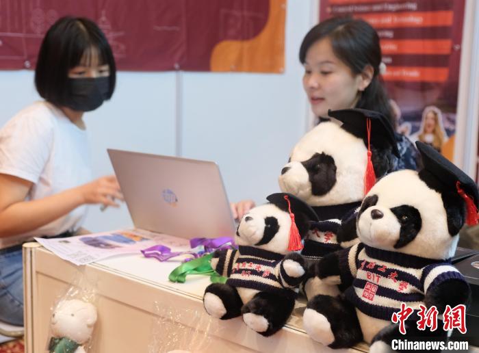 北京理工大學帶來可愛熊貓玩偶,頗為吸睛 陳悅 攝