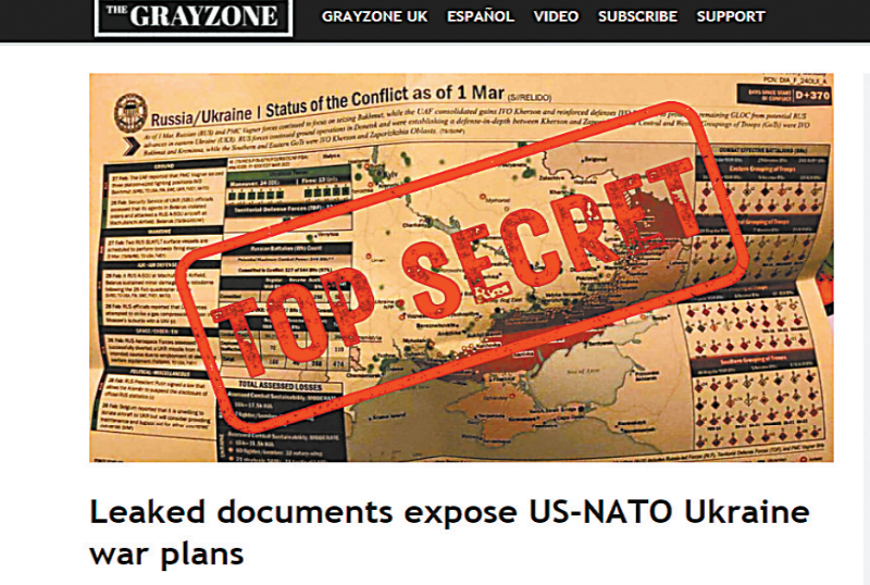 美國“灰色地帶”網(wǎng)站有關(guān)五角大樓“泄密門”事件的報道截圖。（圖源：環(huán)球時報）