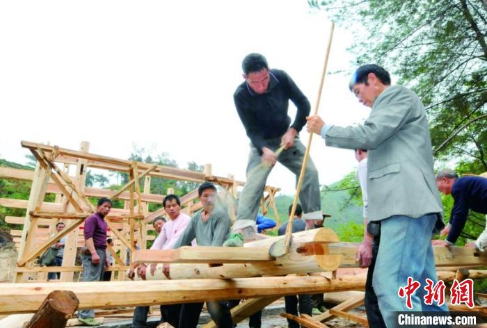 資料圖為木拱廊橋建造過程中，匠人們正在“搭屋架”?！↓徑?攝