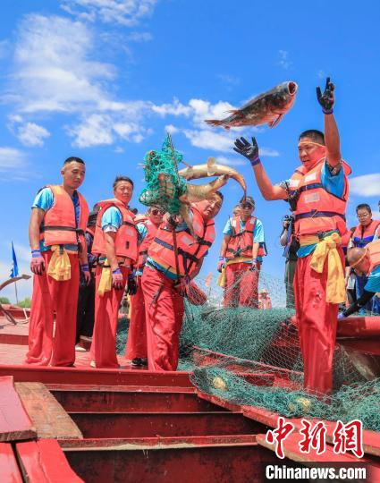 漁民們將魚拋進(jìn)船艙?！∧昀?攝