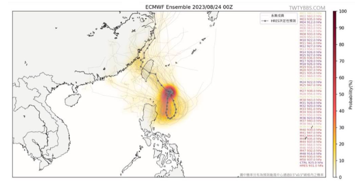 臺(tái)灣臺(tái)風(fēng)論壇分享歐洲模式預(yù)報(bào)圖，臺(tái)風(fēng)“蘇拉”未來(lái)路徑可能穿越臺(tái)灣