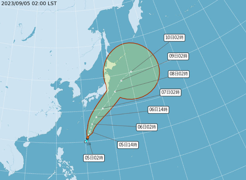 第13號颱風鴛鴦預估今天生成，將朝東北方快速前進，對臺灣沒有影響。（中央氣象局提供）