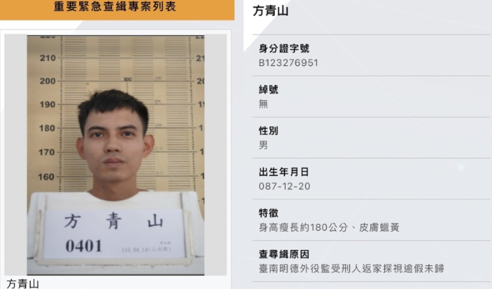 臺南明德外役監(jiān)受刑人逾假未歸