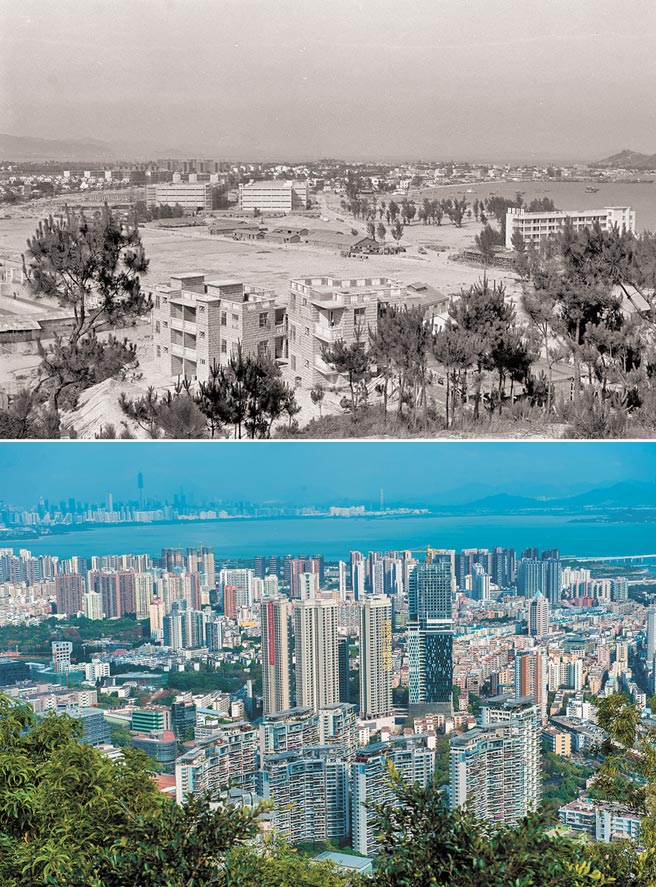 上圖為深圳蛇口工業(yè)區(qū)一瞥；下圖為2015年2月26日，廣東自貿(mào)區(qū)深圳前海蛇口片區(qū)內(nèi)的蛇口片區(qū)。（圖源：新華社）。