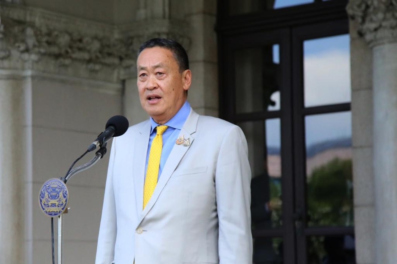 8月14日，在泰國首都曼谷，賽塔在憲法法院裁定后參加新聞發(fā)布會。（圖源：新華社）