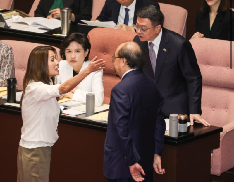 圖為無(wú)黨籍民代高金素梅向臺(tái)行政機(jī)構(gòu)負(fù)責(zé)人卓榮泰 （后右）、民進(jìn)黨團(tuán)總召柯建銘（前右）表達(dá)意見(jiàn)。（圖源：臺(tái)灣“中央社”）